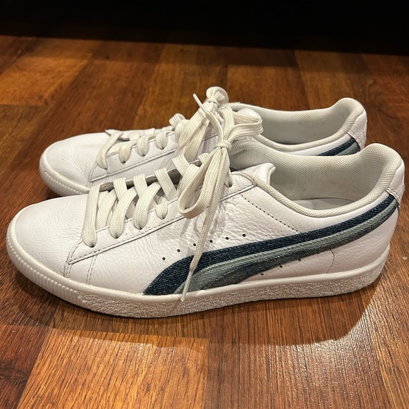 Puma Clyde Denim Striped White Leather Sneakers Shoes Women size 8.5 - Picture 2 of 10